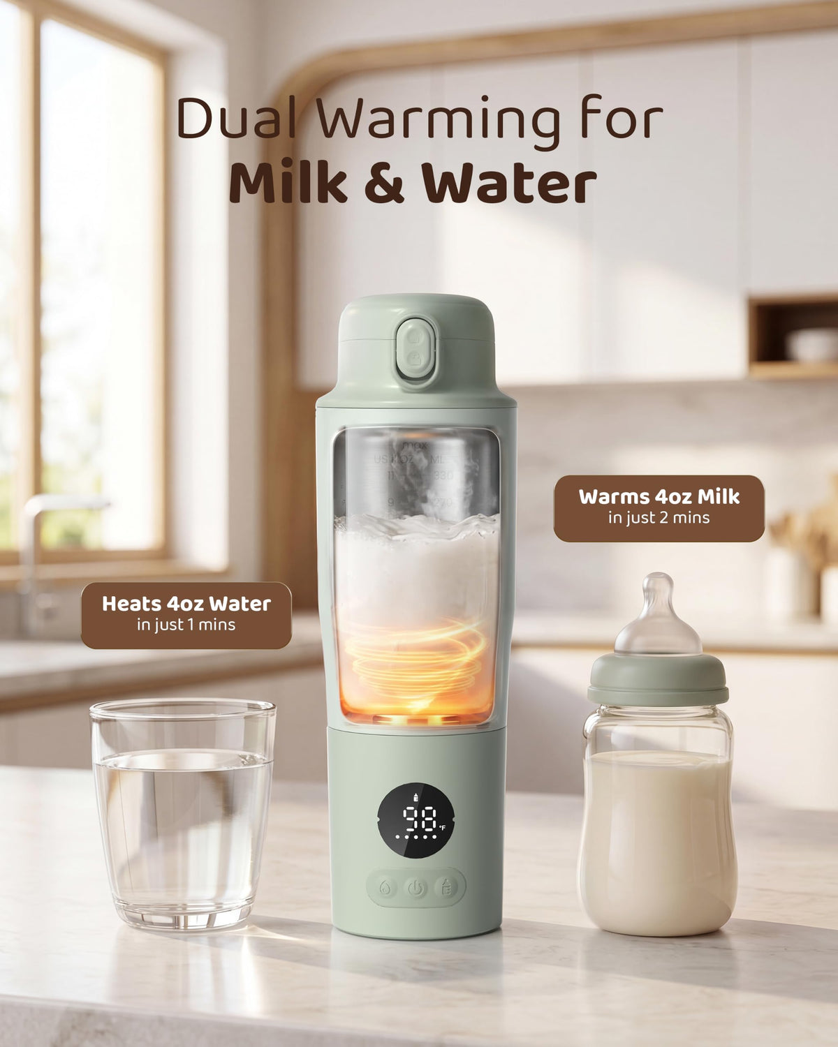 Portable Bottle Warmer for Travel,2.5 Min Fast Heating Dual Modes for Breast Milk & Water, Baby Milk Warmer with 316L