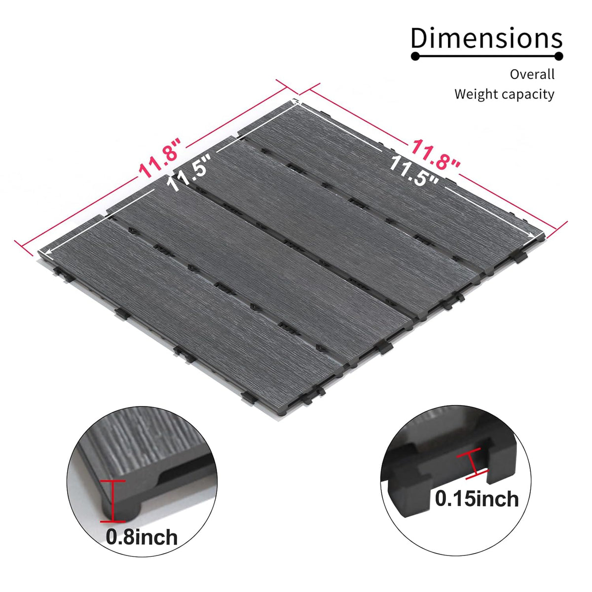 Wood Plastic Composite Interlocking Patio Deck Tiles, 22 Pack 12"x12" Premium Waterproof Porch Decking Tiles, All