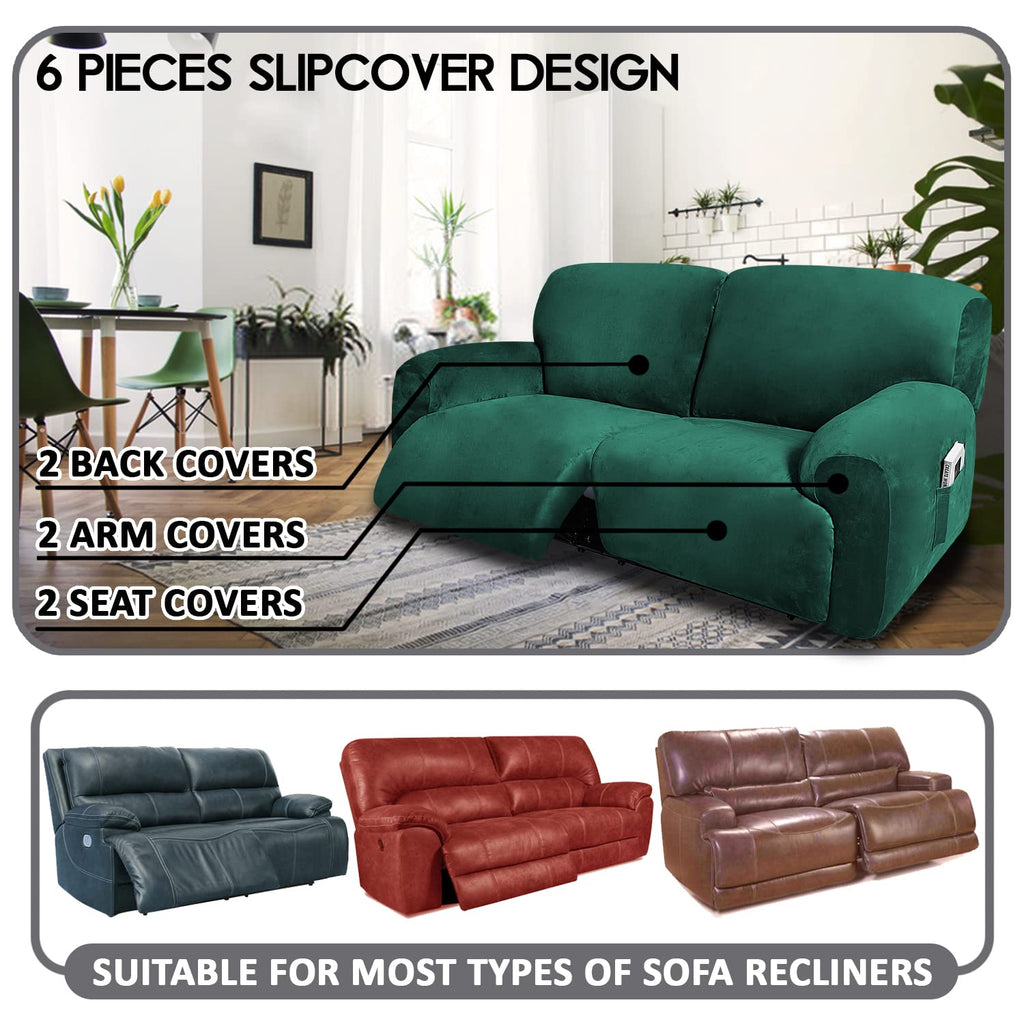 Extra Wide 75" - 100", Reclining 2 Seater Sofa Cover, Extra Wide Reclining Love Seat Slipcover, 6-Piece Velvet