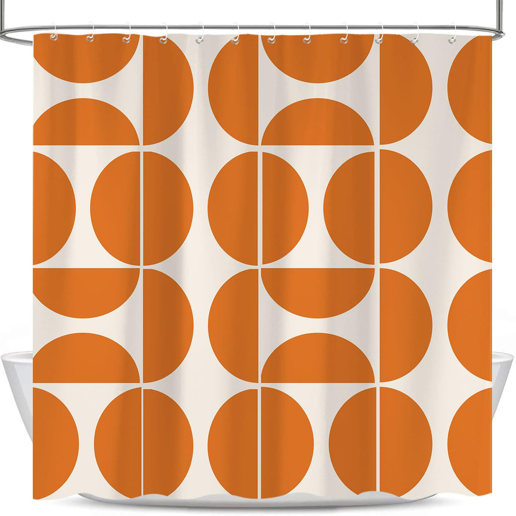 Orange Mid Century Modern Shower Curtain, Boho Abstract Geometric Retro Art Bath Curtains, Colorful Unique Pattern