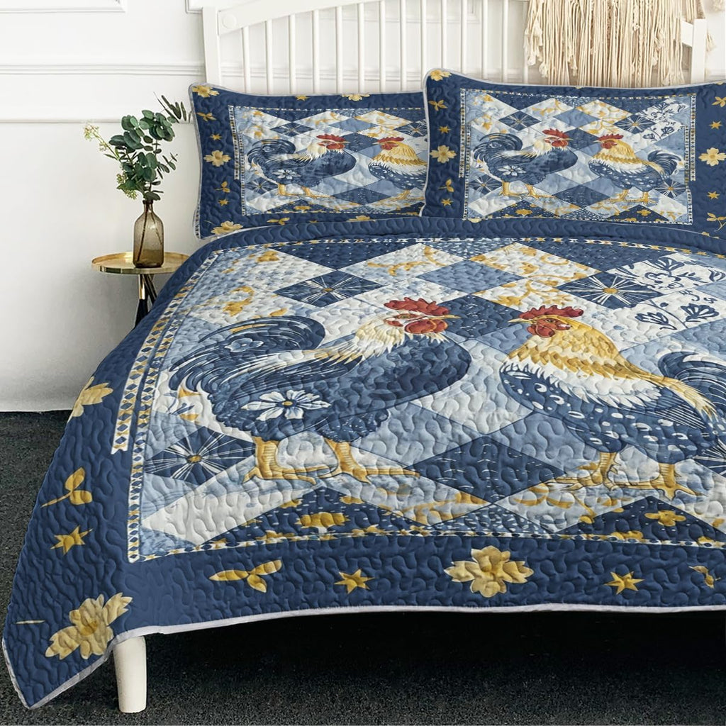 Farmhouse Rooster Quilt Set, Navy Blue and Yellow Patchwork Country Bedding