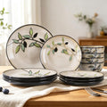 Bamboo Leaf Ceramic Dinner Plates Set of 12, Porcelain Dinnerware for Steak/Salad/Pasta/Dessert, Perfect , Party