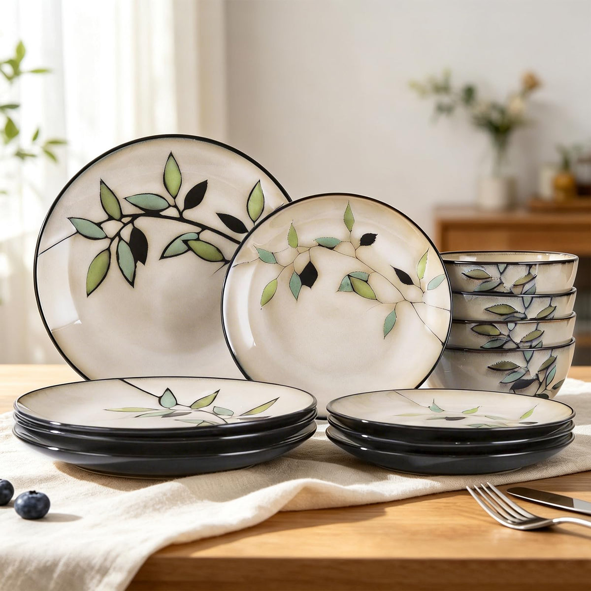 Bamboo Leaf Ceramic Dinner Plates Set of 12, Porcelain Dinnerware for Steak/Salad/Pasta/Dessert, Perfect , Party