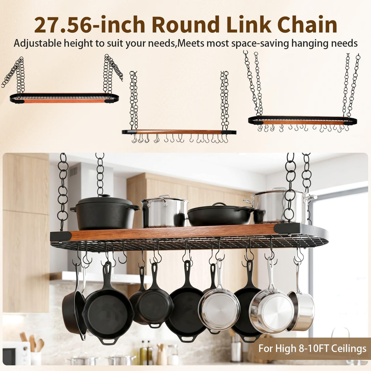 48 Inch Large Hanging Pot Rack Ceiling Mount,Heavy Duty Pot and Pan Rack with 20 Hooks,130 lbs Capacity Ceiling