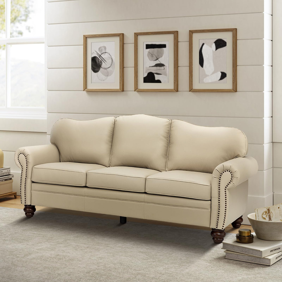 81" Genuine Leather Sofa, Classic 3-Seater Couchs with Wood Legs, Stylish & Comfortable Sofa, Easy Assembly Maintain
