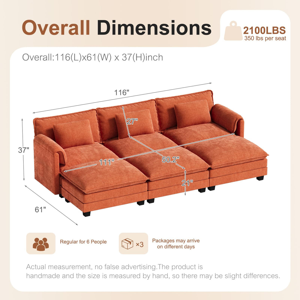 116" Oversized Cloud Couch Modular Sectional Couches, Large 6-Seat Deep Seat Sleeper Sofa Bed Modern Sofa with