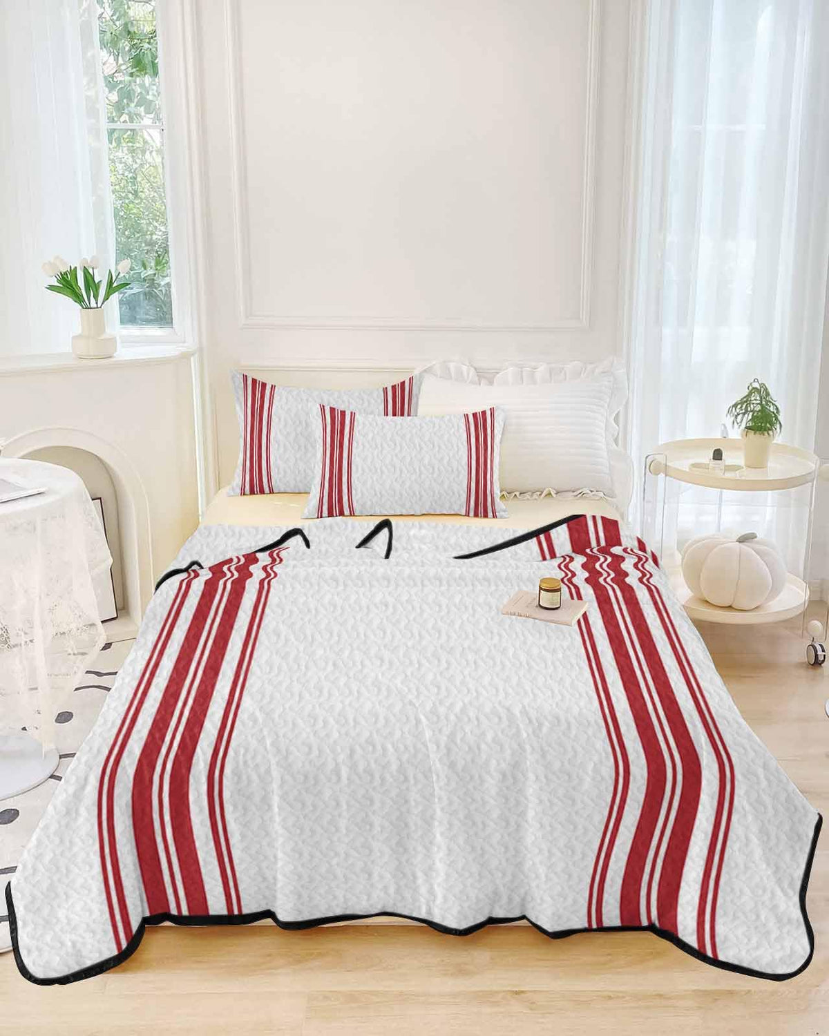 Quilt Sets Twin XL Size Red Ticking Vertically Stripe Comforter Set Lightweight Soft Bedspread Coverlet Simple Style