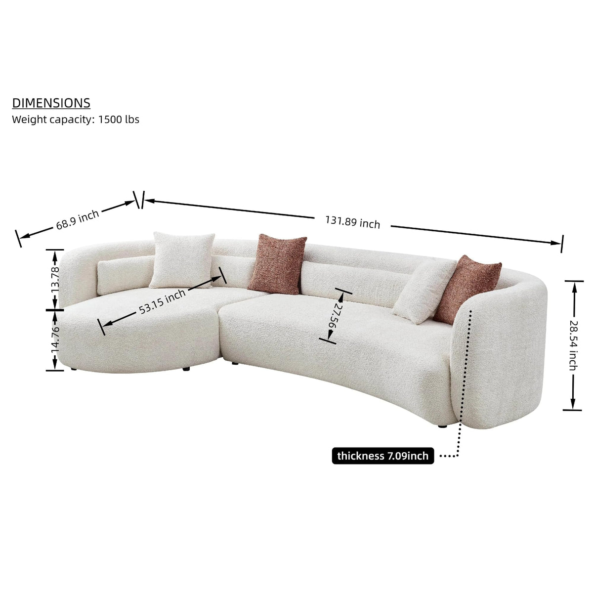 Curved Boucle Sectional Sofa, 132", Deep Seat, Chaise, Oversized, Modern