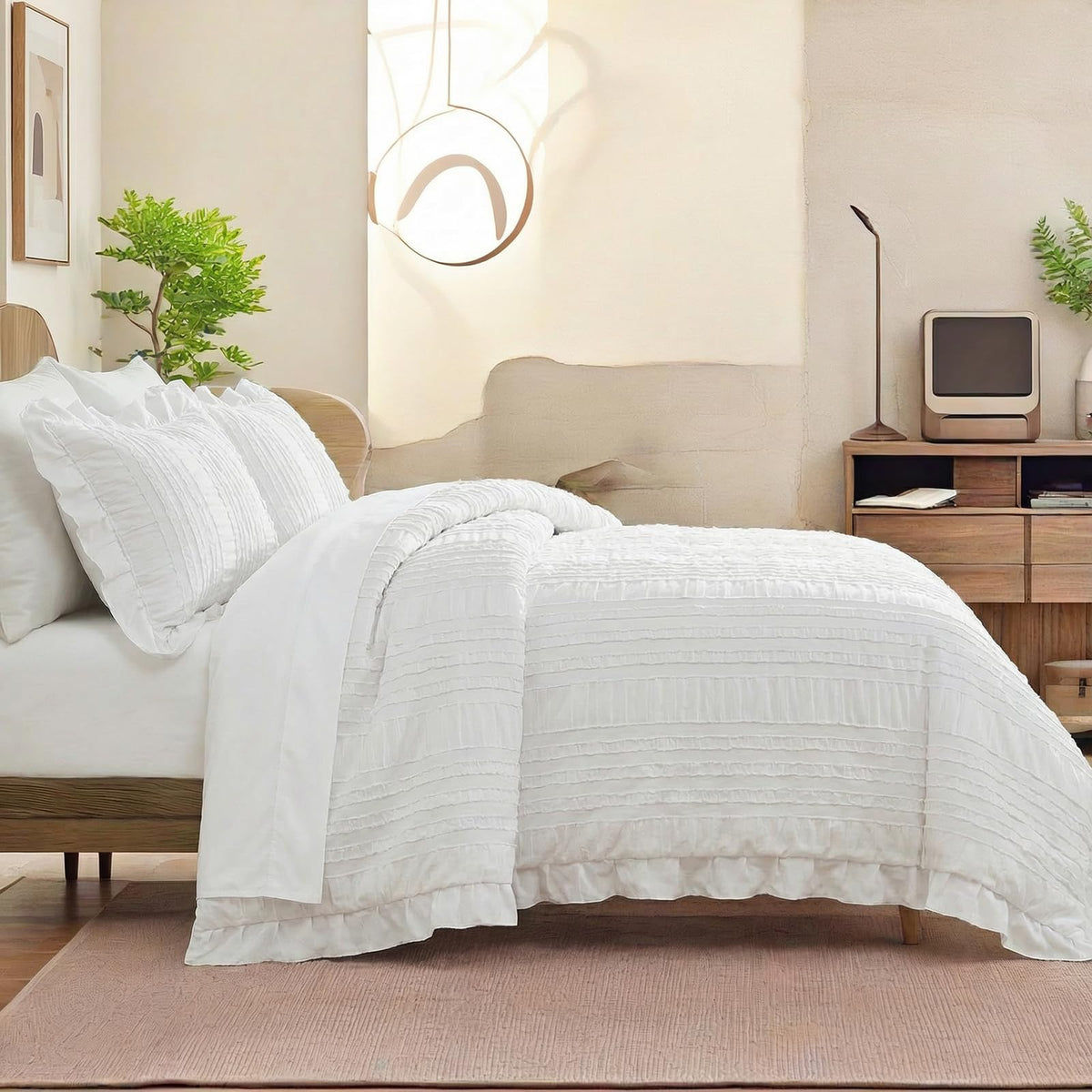 White Ruffle Comforter Set Boho Comforter Set 3 Pieces Ultra Soft Microfiber Seersucker Shabby Chic Bedding