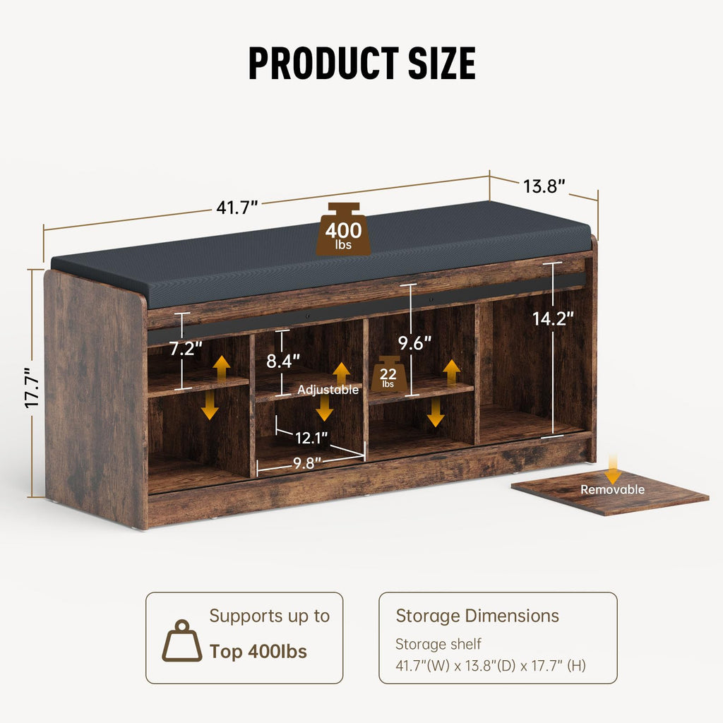 42" Farmhouse Shoe Storage Bench, Rustic Brown, 2pc