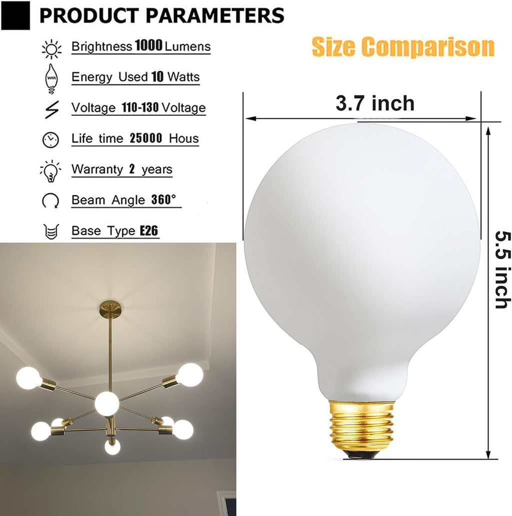 LED Light Bulb G30 Dimmable Flick-Free Matt White 10W Soft White 3000k CRI95 1000LM, 100W Equivalent Vintage LED