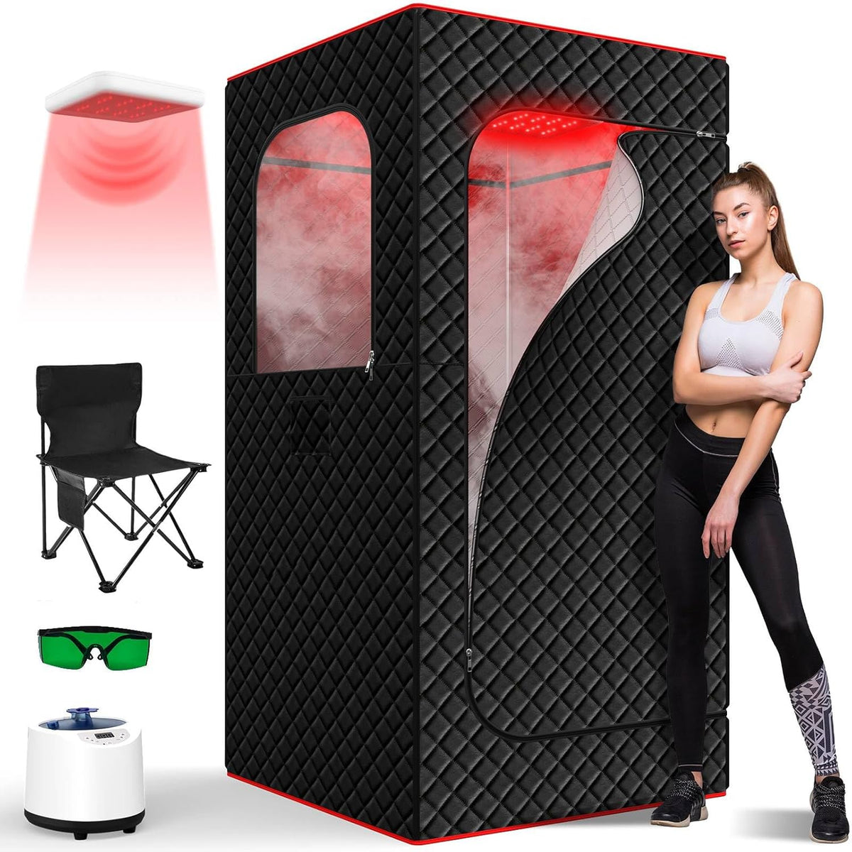 Infrared Home Steam Sauna Box, Portable Personal Full Body Sauna Spa Tent at Home for Relaxation with 660nm Red Light Therapy Lamp, 3L Steamer, Folding Chair, 15 Levels
