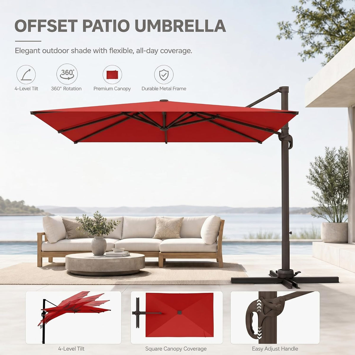 Cantilever Patio Umbrella, Large Square Outdoor Offset Umbrella with Aluminum Pole, 360-degree Rotation Pool