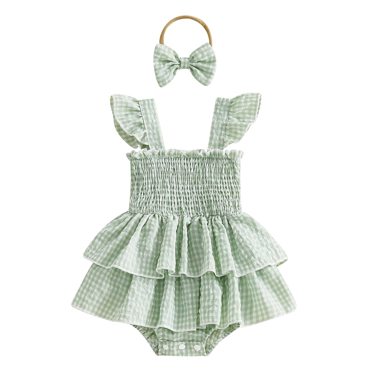 Baby Girl Plaid Romper Flying Sleeve Ruffle Baby Dress Romper Infant Girl Summer Clothes with Headband