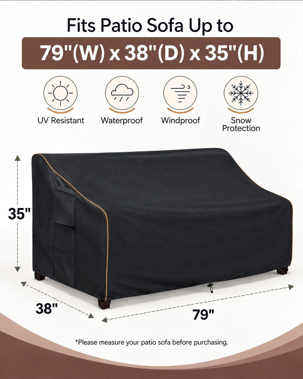 Patio 3-Seater Sofa Cover, Outdoor Couch Cover Fits up to 79W x 38D x 35H Inches, 100% Waterproof Heavy Duty Patio