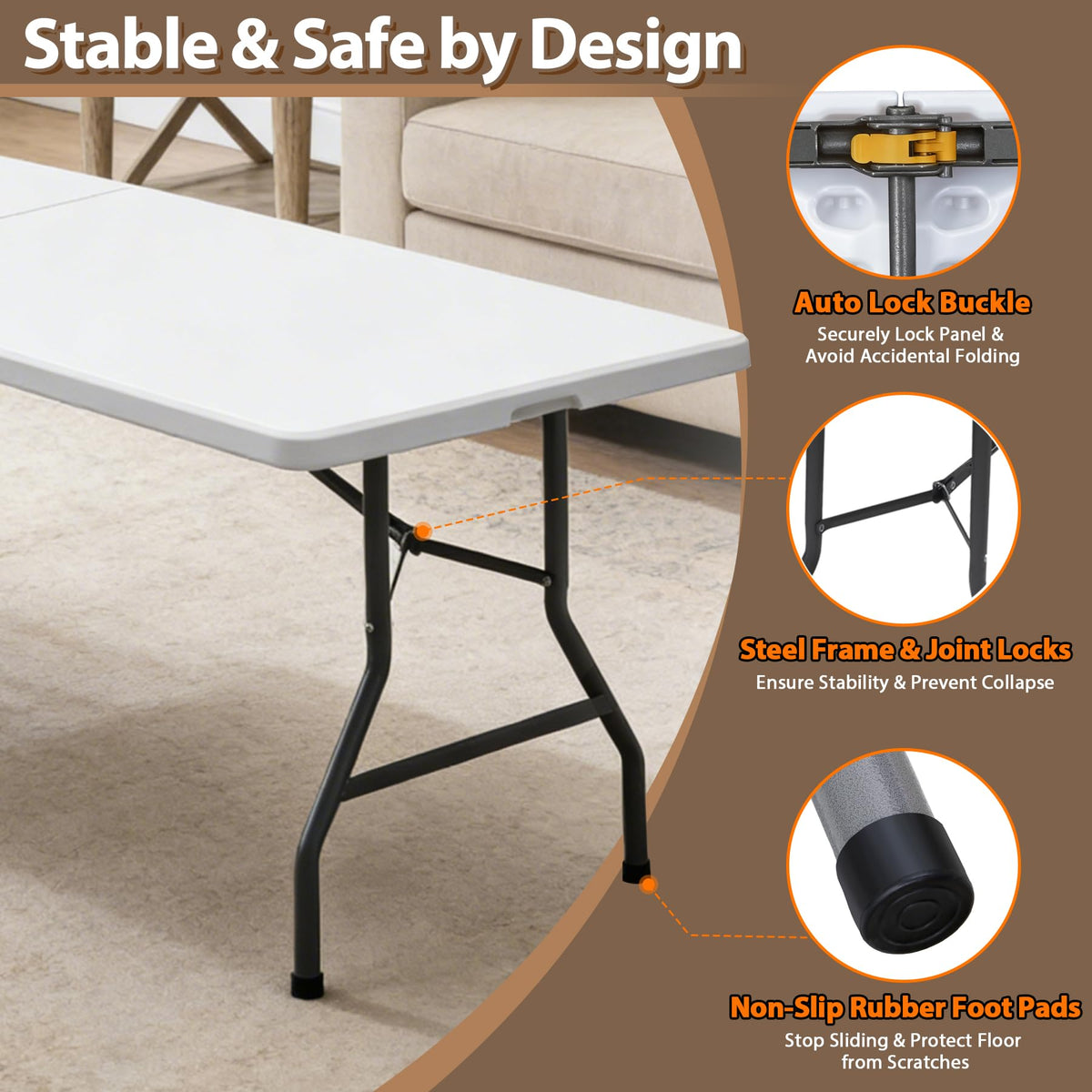 8FT Folding Picnic Table for Indoor Outdoor, Portable Fold-in-Half Plastic Dining Camping Party Table with Carrying