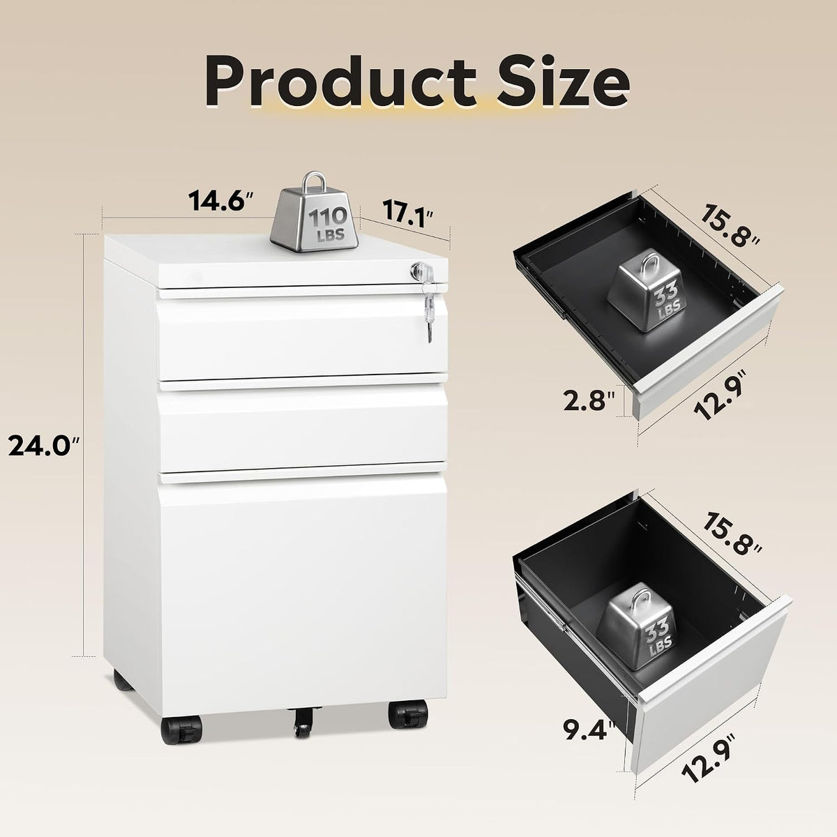 3 Drawer Mobile File Cabinet, Fully Assembled Except Casters | Under Desk Metal Filing Cabinet with Lock , Fits