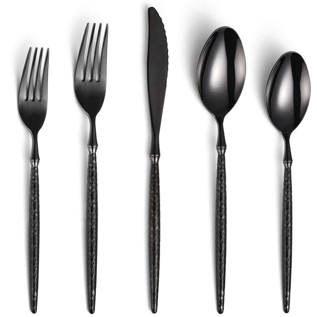 20-Piece Hammered Black Silverware Set,18/10 Stainless Steel Forging Heavy Duty Cutlery Set for 4, Luxury Unique