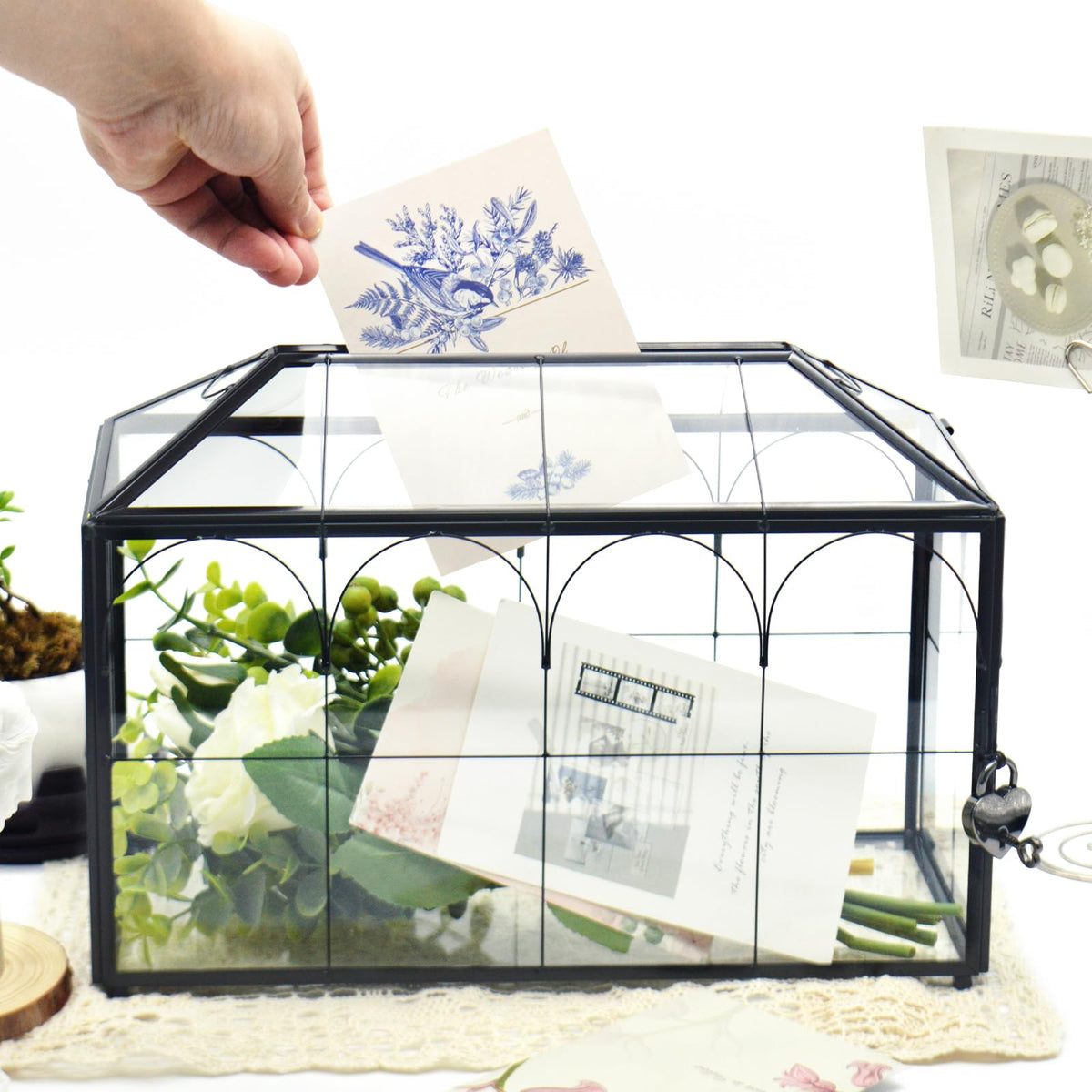 LargeBlack and Glass Card Box for wedding with Lock and Slot - Wedding Envelope Card Holder for Reception Clear Lock