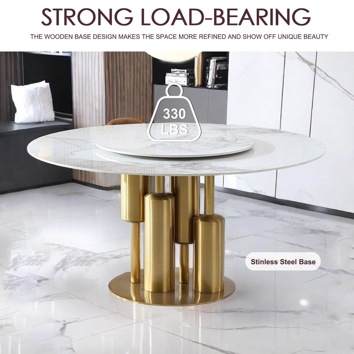 Marble Dining Table, 59" D Round Sintered Stone Tabletop with 31.5" D Removable Turntable, Luxurious Dining Room