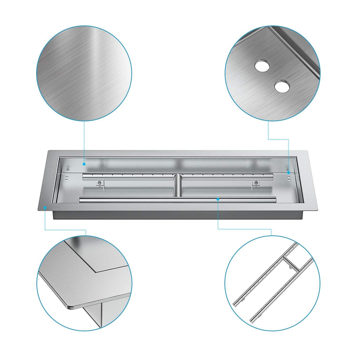 Rectangular Stainless Steel Drop-in Fire Pit Pan with Burner for Indoor/Outdoor, 24 by 8 Inch Burning Area