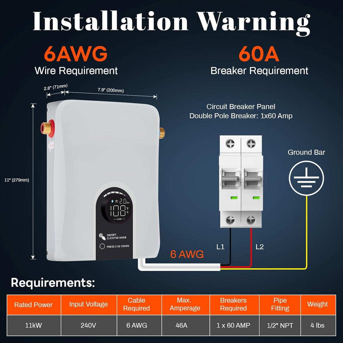 Electric Tankless Water Heater, 11kW 240V on Demand Instant Endless Electric Hot Water Heater for Residential Whole