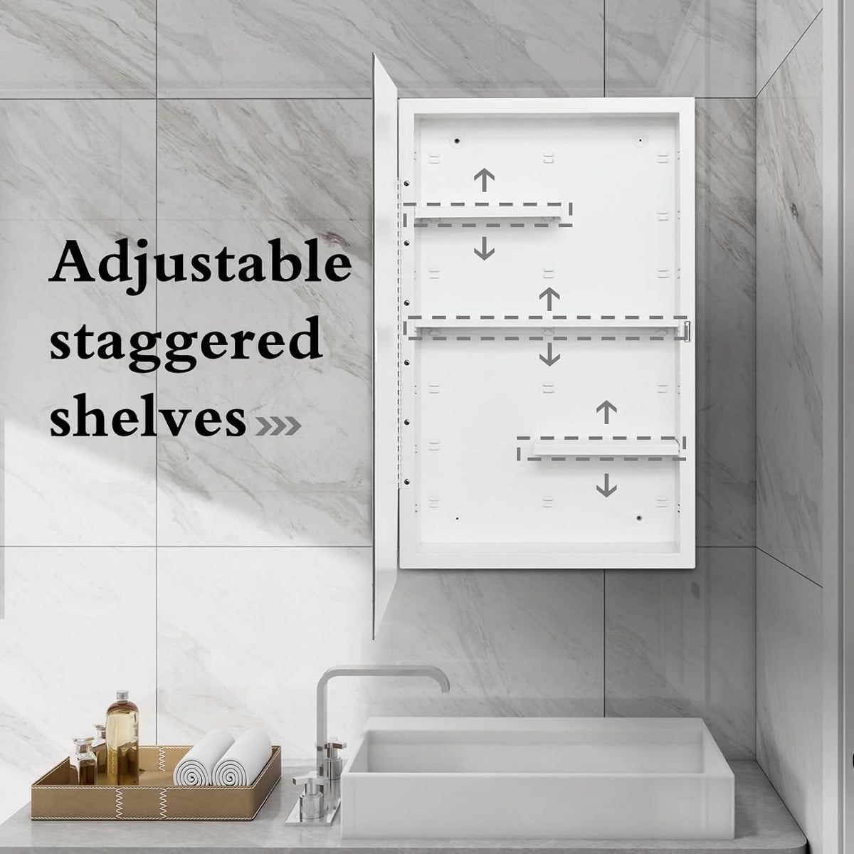 White 16x26 Medicine Cabinet, Beveled Mirror & Adjustable Staggered Shelves | Recessed or Surface Mount Bathroom