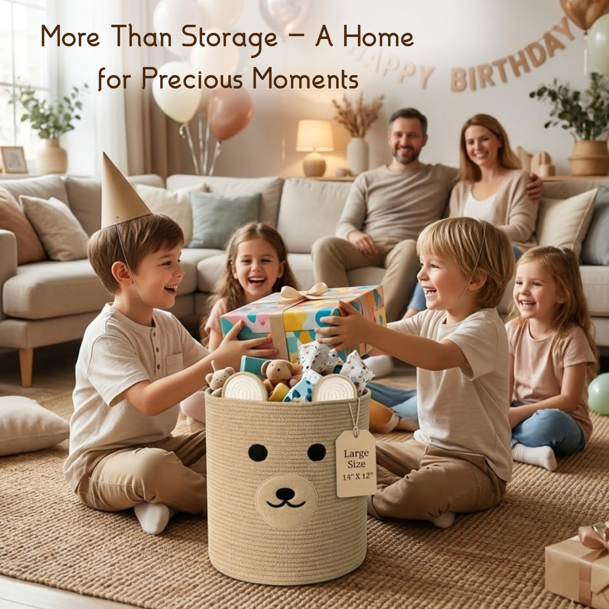 Nursery Storage Basket, 25L Large Woven Cotton Rope Baby Bin with Bear Design, Foldable Washable Laundry Hamper, Kids