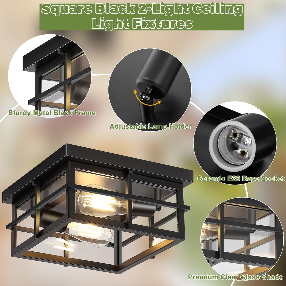 2-Light Black Flush Mount Ceiling Light, Farmhouse Kitchen Lighting Fixtures with Clear Glass, Outdoor Porch Lights