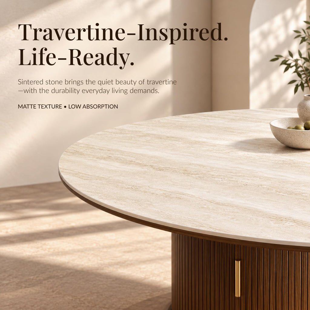Inspired Saarinen Style 55-Inch Sintered Stone Round Dining Table with Pedestal for 6, Walnut