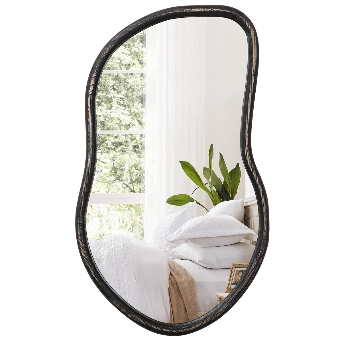 Asymmetrical Wood Mirror Irregular Wall Mirror Large Bathroom Mirror for Over Sink Rustic Black Wall Mounted Mirror