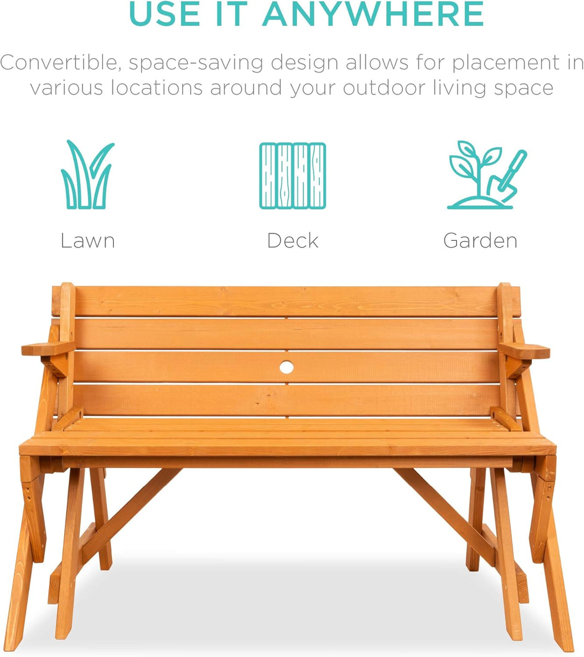 2-in-1 Transforming Interchangeable Outdoor Wooden Picnic Table Garden Bench for Backyard, Porch, Patio, Deck
