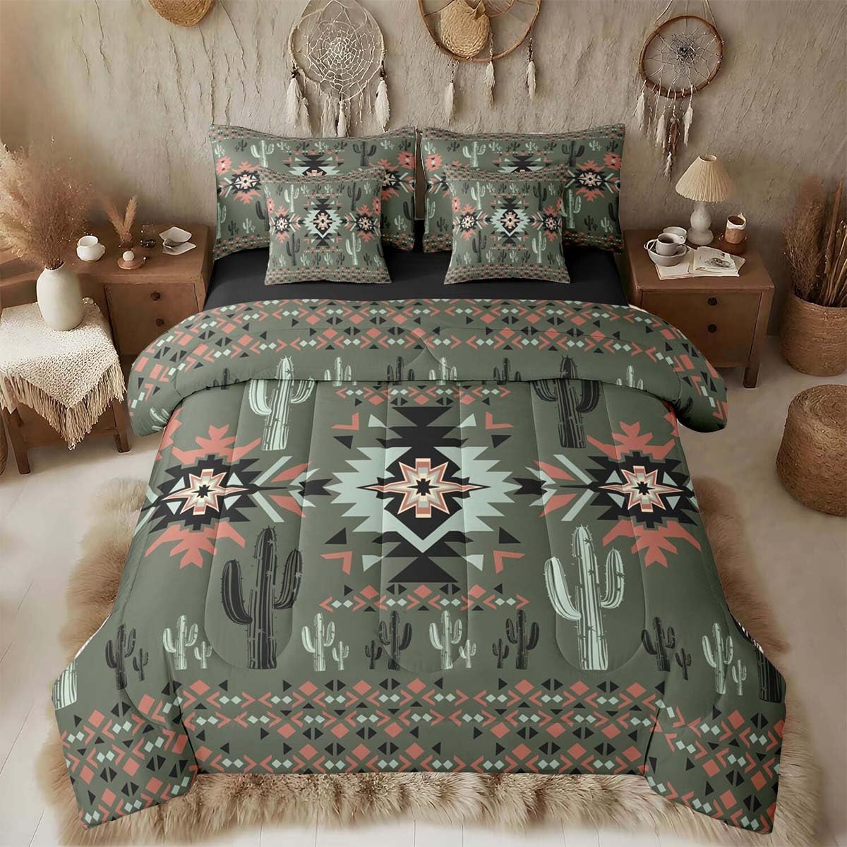Khaki Southwestern Aztec Comforter Set with Sheets 7 Piece