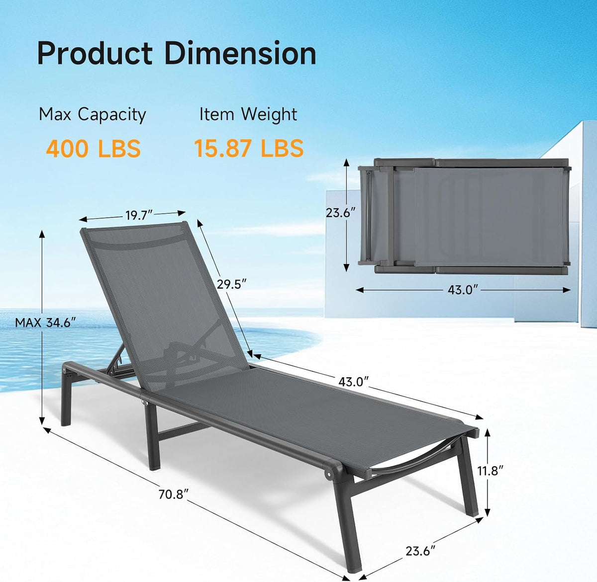 Aluminum Chaise Lounge Chair Outdoor for Outside Poolside, 1PC, Grey | Foldable & Assembly Free Outdoor Lounge Chair