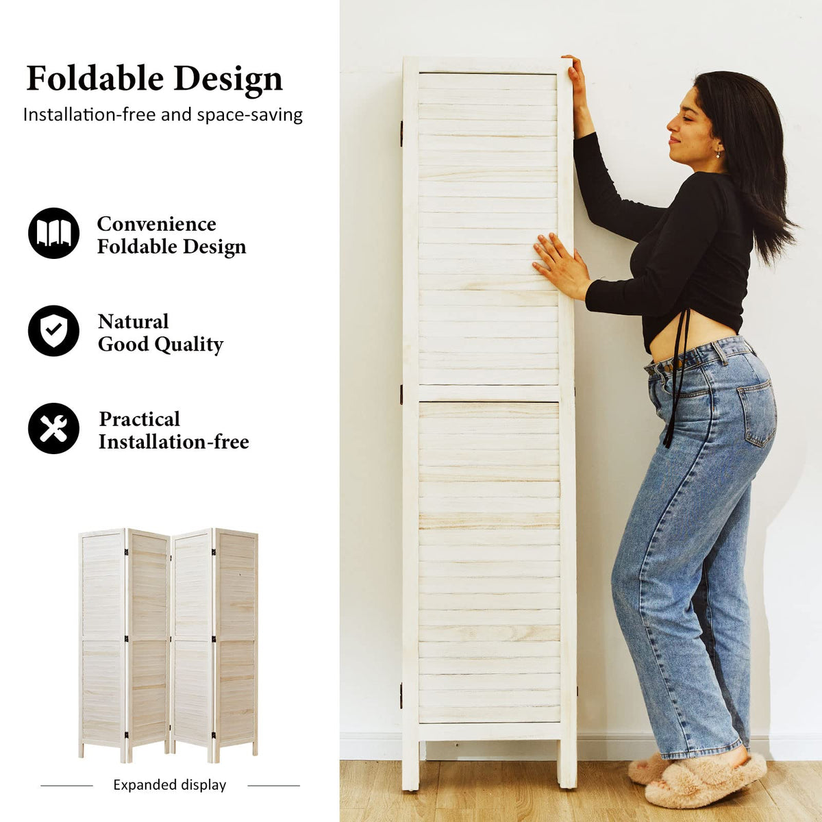 Room Dividers and Folding Privacy Screens, Wood Louvered Separators Divider Wall Bedroom - 4 Panels, 67 * 60inch