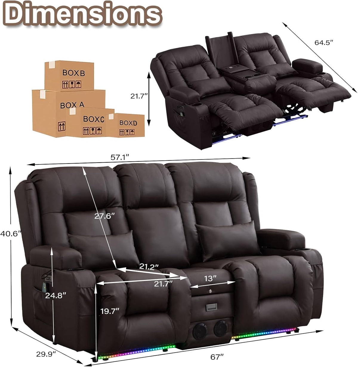 Power Loveseat Recliner Sofa with Massage & Heat Home Theater Seating with Console RV Recliner Loveseat Sofa