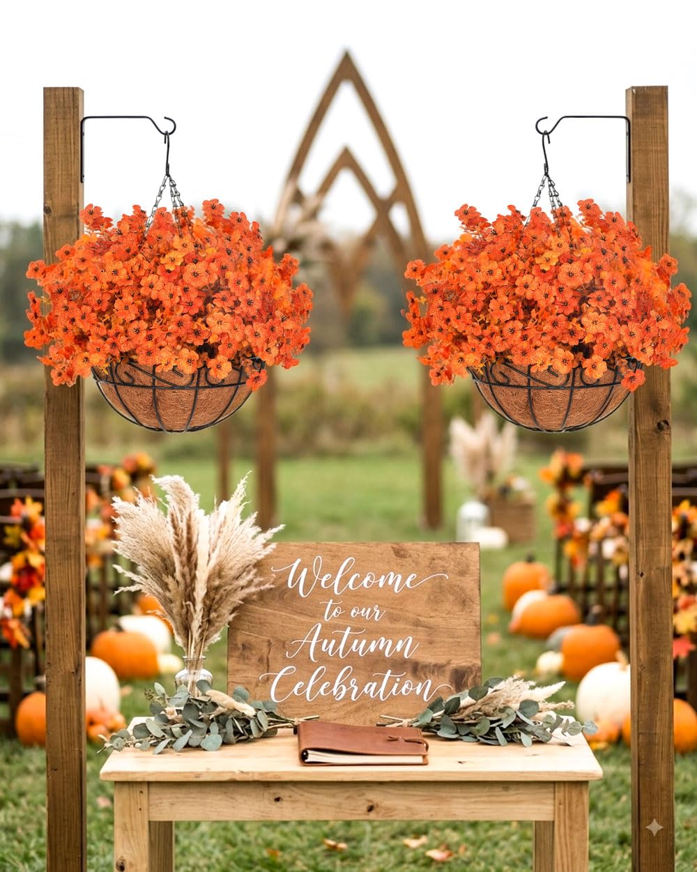 2 Set Artificial Fake Fall Mums Flowers Planter Hanging Basket for Outdoor