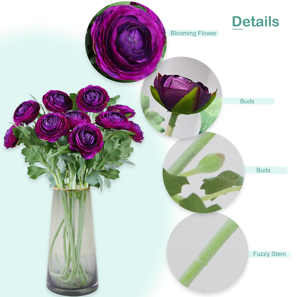 Artificial Ranunculus Flowers Purple, 10 Pack Real Touch Silk, 19 Inch with Blooming Flowers & Buds, Fuzzy Wired Stems