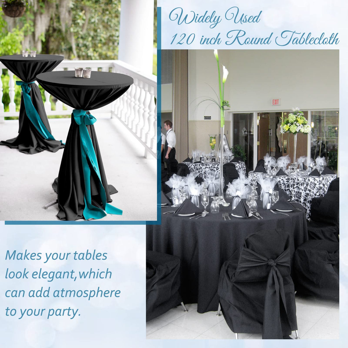 6 Packs Black Round Tablecloth - 120 Inch, Polyester