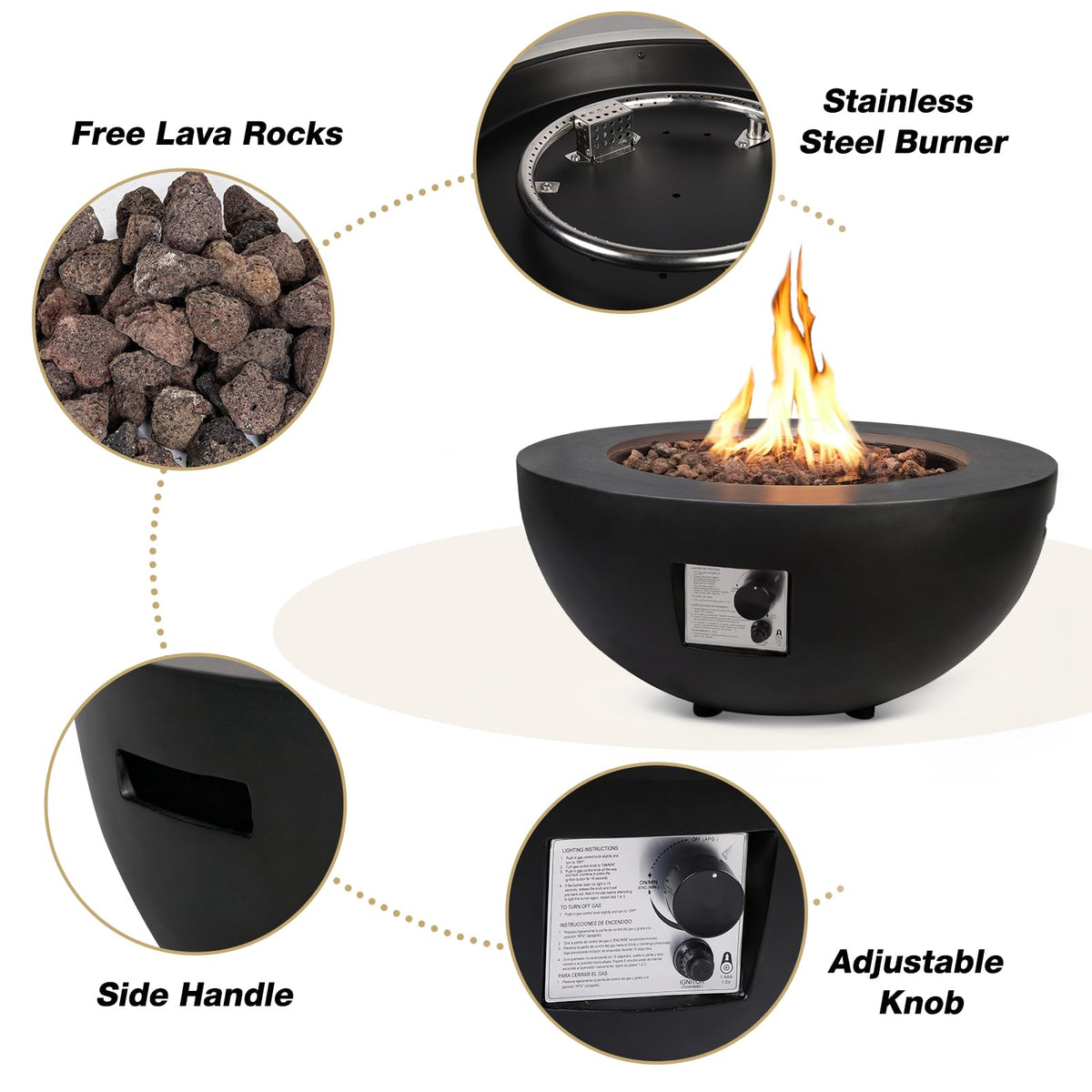 2-Piece Outdoor Propane Fire Pit Table Set w/Tank Cover Table, 31.5-inch 50, 000 BTU Black Bowl Concrete Firepit