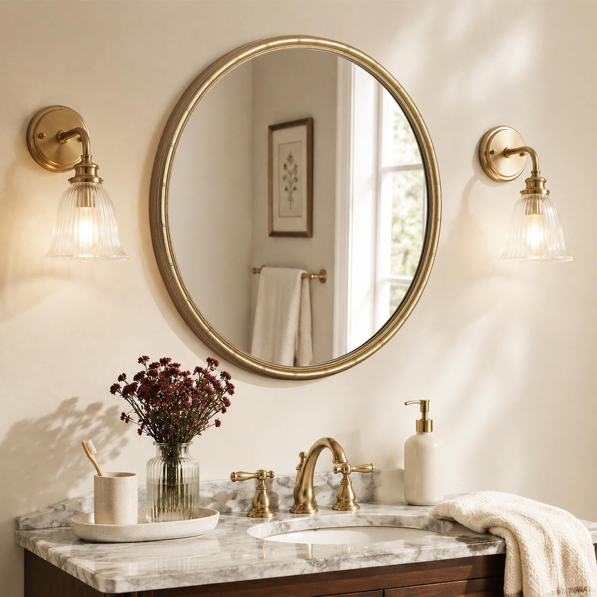 28 Inch Gold Round Wall Mirror, Circle Mirror with Bamboo Texture, Decorative Vanity Mirror