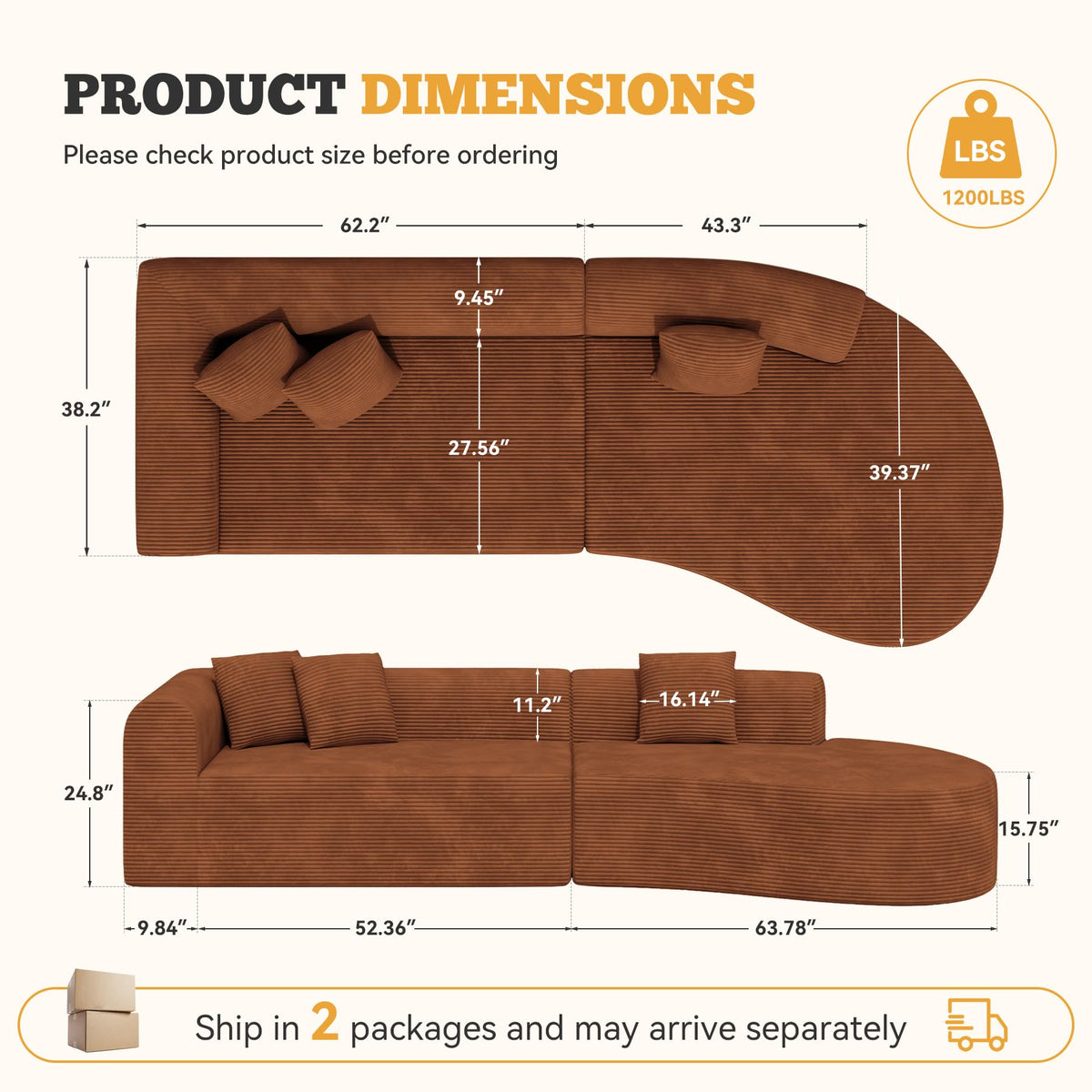 126" Oversized Cloud Curved Couch, Modern Modular Sectional with Deep Seat, Upholstered Boneless Couches, No