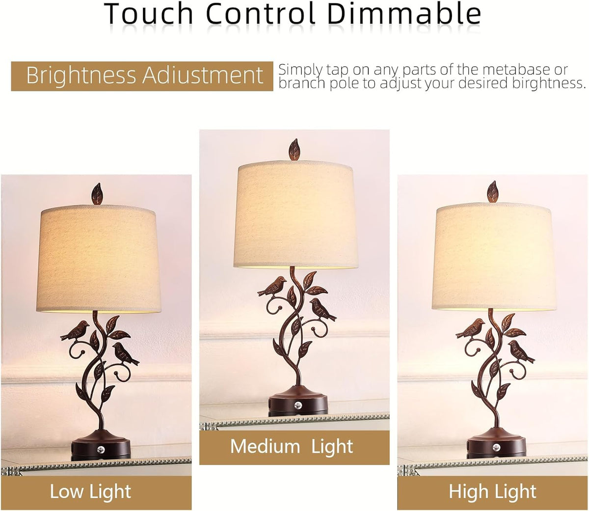 27" Touch Farmhouse Table Lamps with 3-Way Dimmable 2 USB Ports, Vintage Rustic Iron Leaf Nightstand Lamp