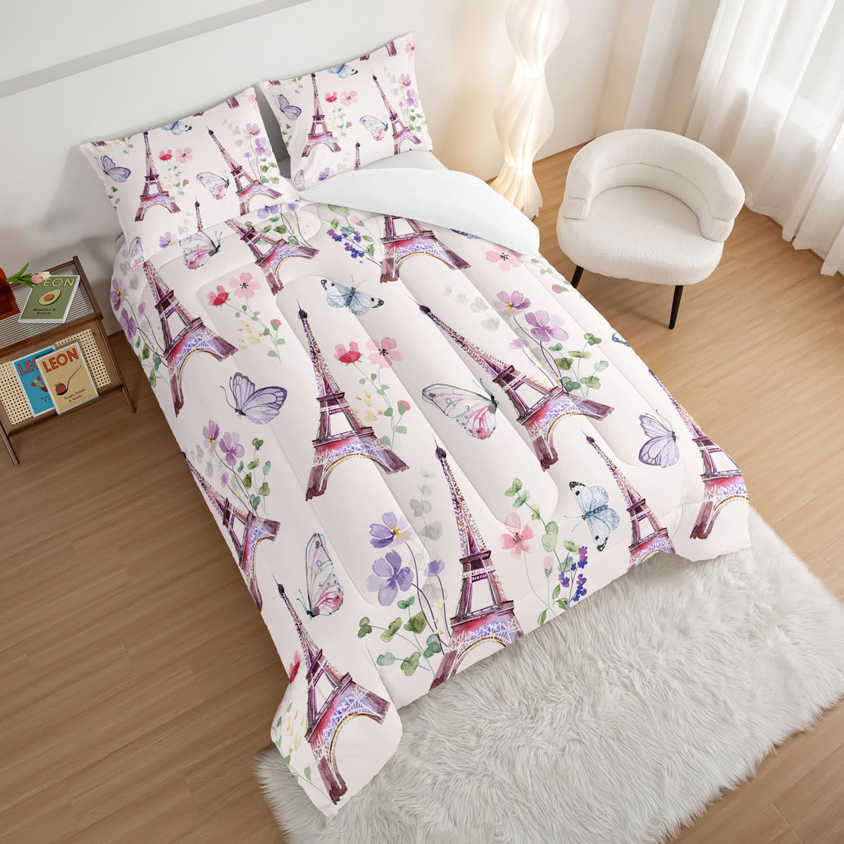 French Bedding Eiffel Tower Comforter with 2 Pillowcases, Romantic Paris Themed Bedroom Decor Princess Comforter Set