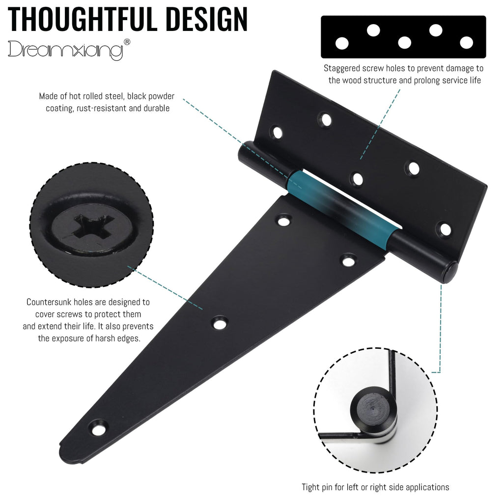 10 Inch T-Strap Gate Hinges, Heavy Duty Shed Barn Door Hinges, Black Tee Hinges for Wooden Fence, Yard Gate, Wrought