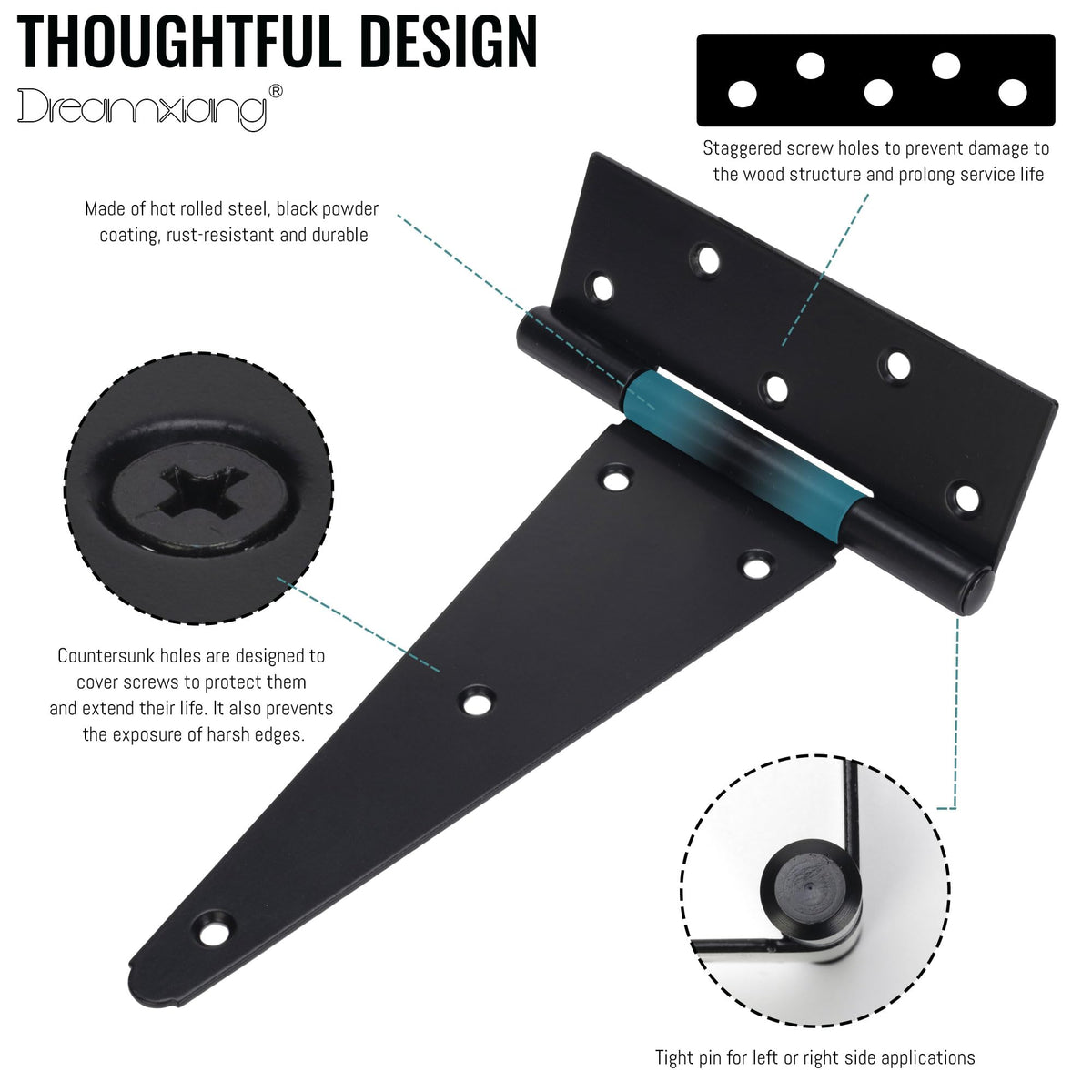 10 Inch T-Strap Gate Hinges, Heavy Duty Shed Barn Door Hinges, Black Tee Hinges for Wooden Fence, Yard Gate, Wrought