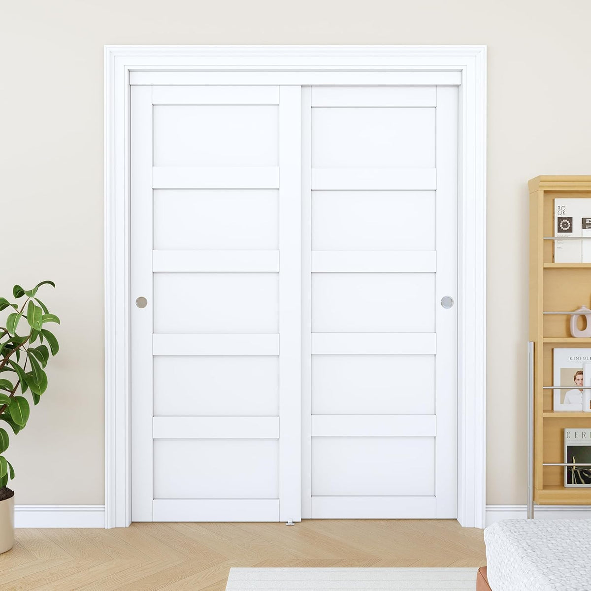 Paintable Sliding Closet Door 60" x 80", 5-Panel Solid Core Interior Sliding Door for Bedroom, Bypass Closet Panels