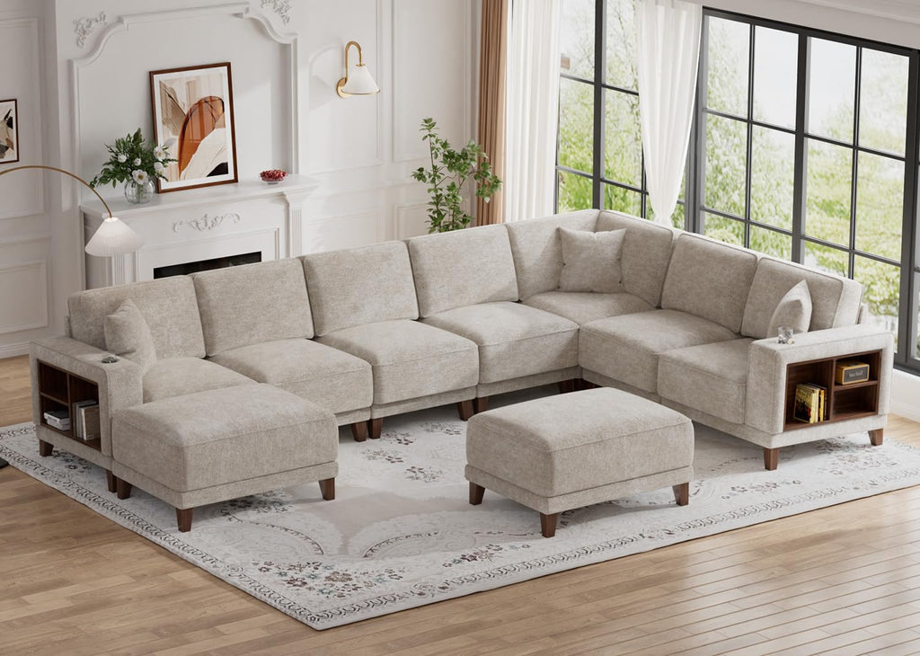 Oversized Modular Sectional Sofa, 9-Seat Deep Seat Sofa with Ottoman, USB Ports, Hidden Cup Holders, Side Storage