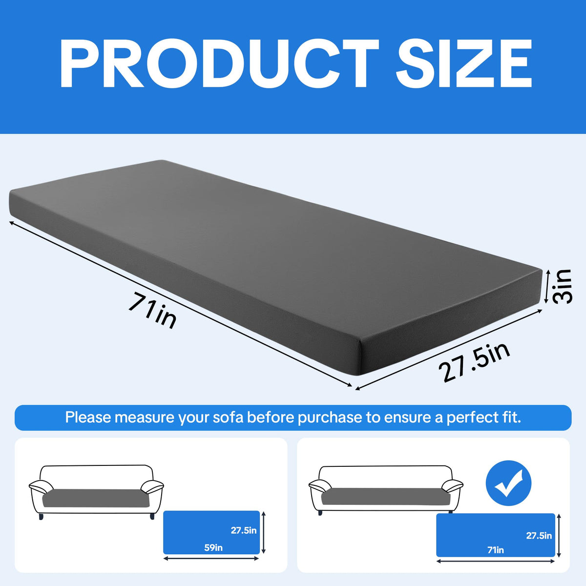 3 Inch Foam Sofa Topper Pad, Foam Couch Top Pad with Removable Washable Cover, Couch Cushion for Enhanced Comfort &