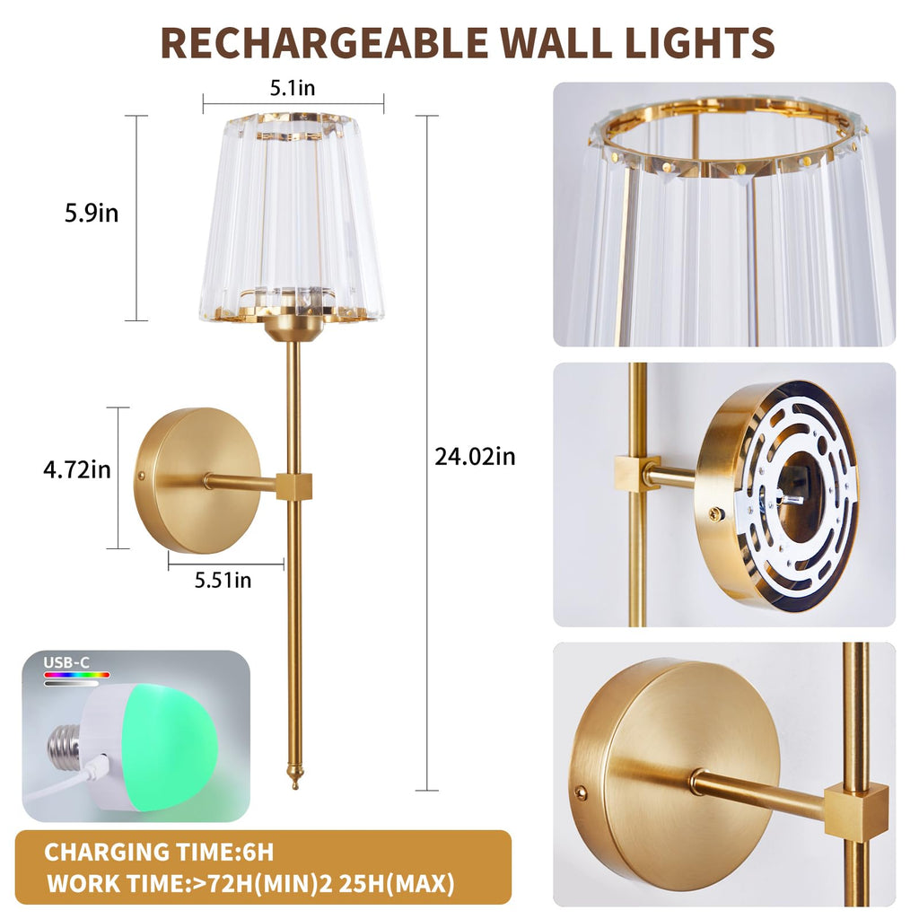 Set of 2 Battery Operated Wall Sconces with Crystal Lampshades,Rechargeabl